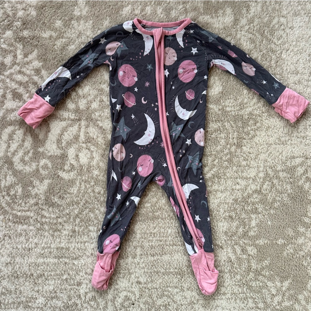 Little Sleepies Moon and Stars Footie in Pink and Gray